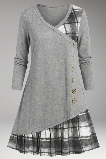 Women's Plaid A-Line Dress Long Sleeve High Collar - 
Fashinoza
