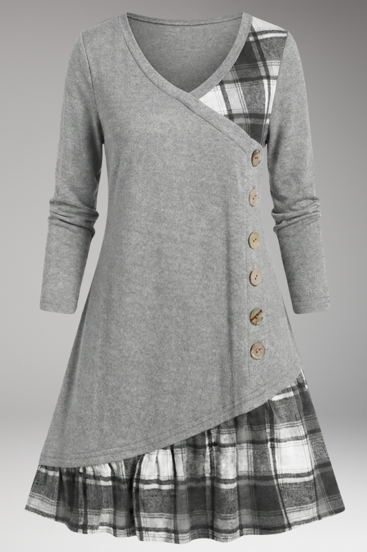 Women's Plaid A-Line Dress Long Sleeve High Collar - 
Fashinoza