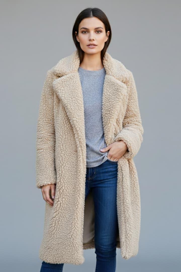 Women's Lapel Collar Long Coat Textured