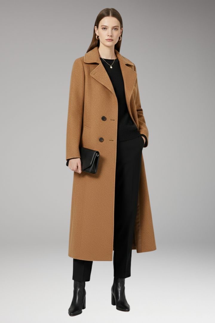 Women's Long Wool Coat Welt Pockets Tan