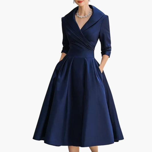 Women's Long Sleeve Midi Dress Fitted Waist Mid Calf - Fashinoza