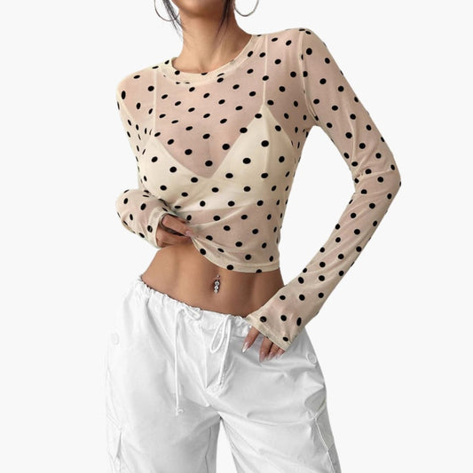 Women's Long Sleeve Polka Dot Blouse Round Neck - Fashinoza