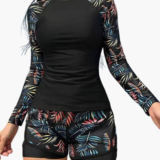 Women's Long Sleeve Tankini Swimsuit Printed Layered Bottom - Fashinoza