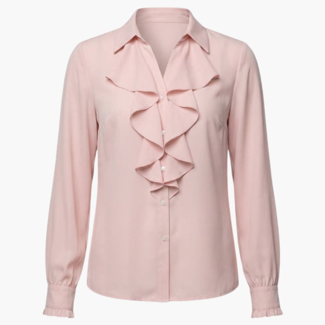 Women's Long Sleeve Crew Neck Blouse Loose Fit Ruffle Front - Fashinoza
