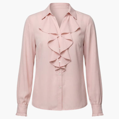 Women's Long Sleeve Crew Neck Blouse Loose Fit Ruffle Front - Fashinoza