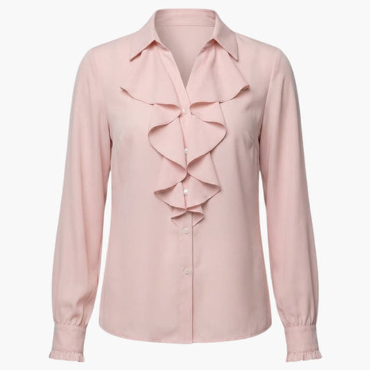 Women's Long Sleeve Crew Neck Blouse Loose Fit Ruffle Front - Fashinoza