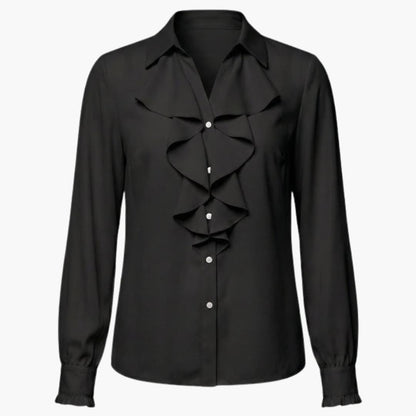 Women's Long Sleeve Crew Neck Blouse Loose Fit Ruffle Front