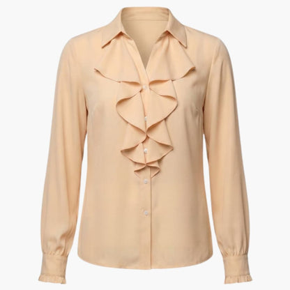 Women's Long Sleeve Crew Neck Blouse Loose Fit Ruffle Front