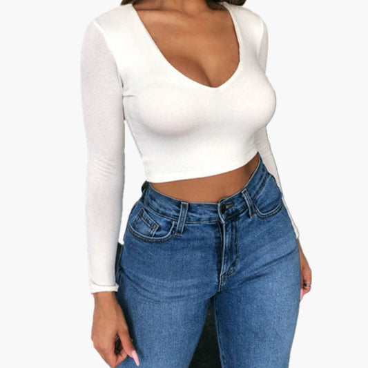 Women's Long Sleeve V Neck Crop - Fashinoza