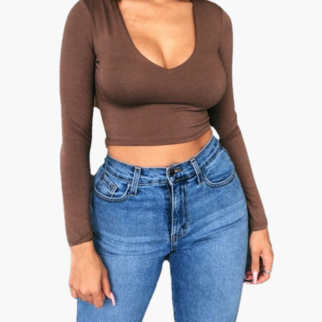 Women's Long Sleeve V Neck Crop