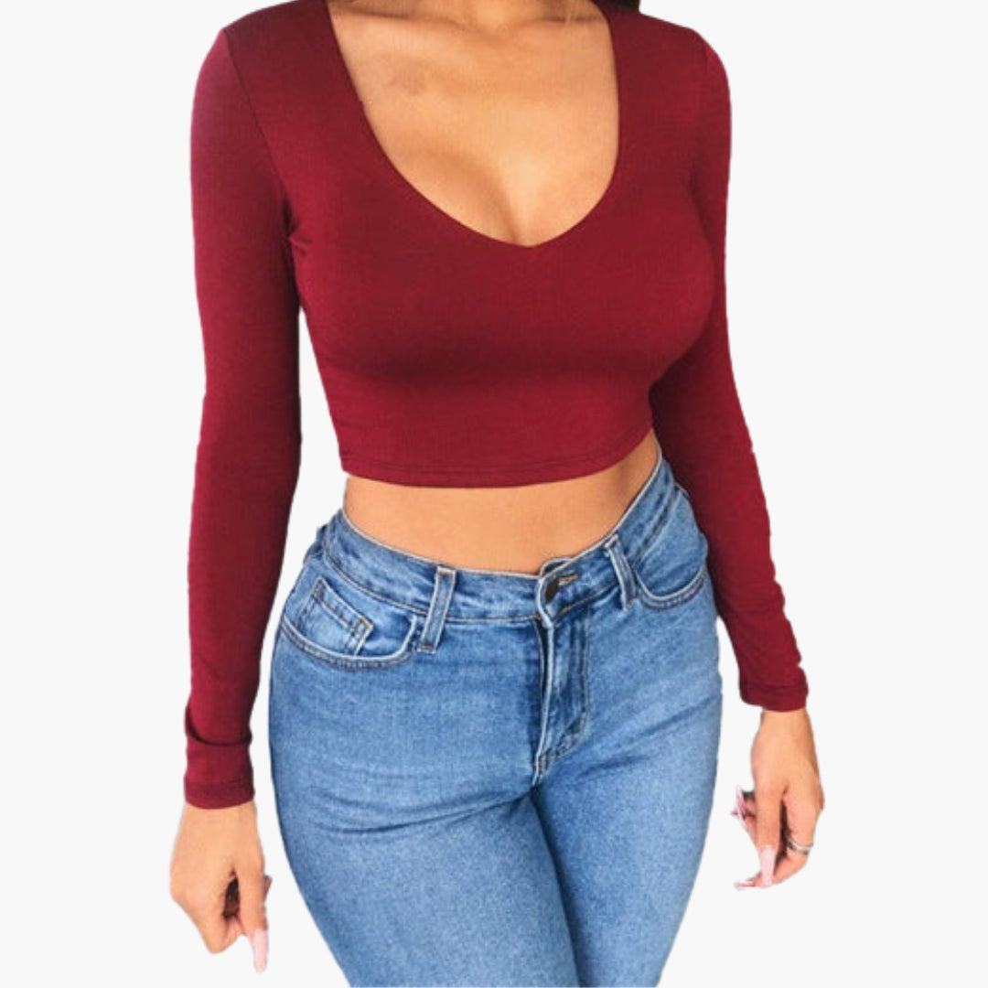 Women's Long Sleeve V Neck Crop
