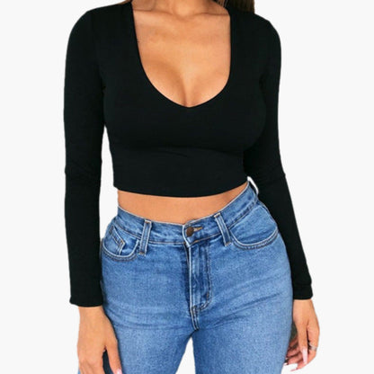 Women's Long Sleeve V Neck Crop