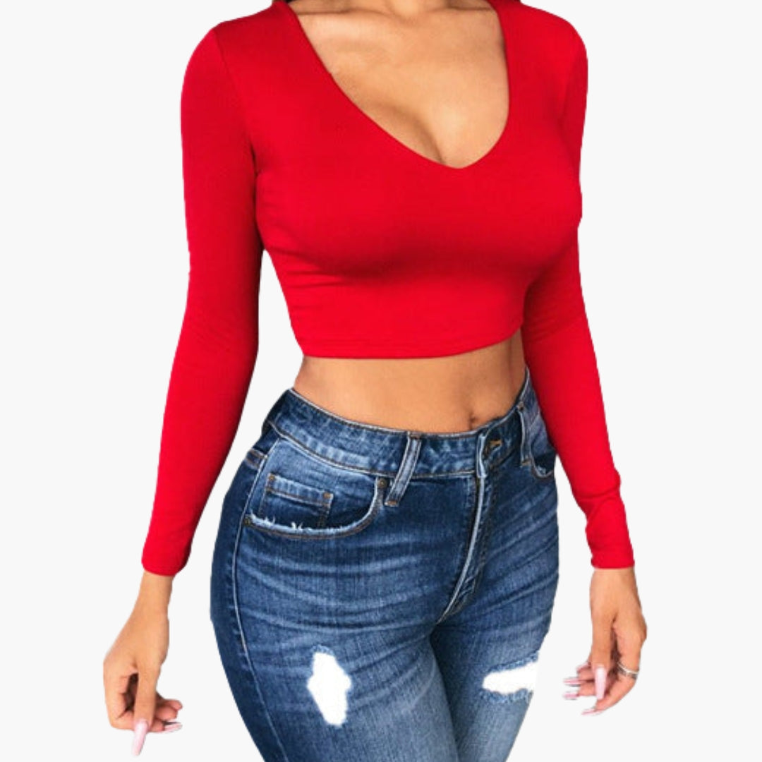 Women's Long Sleeve V Neck Crop