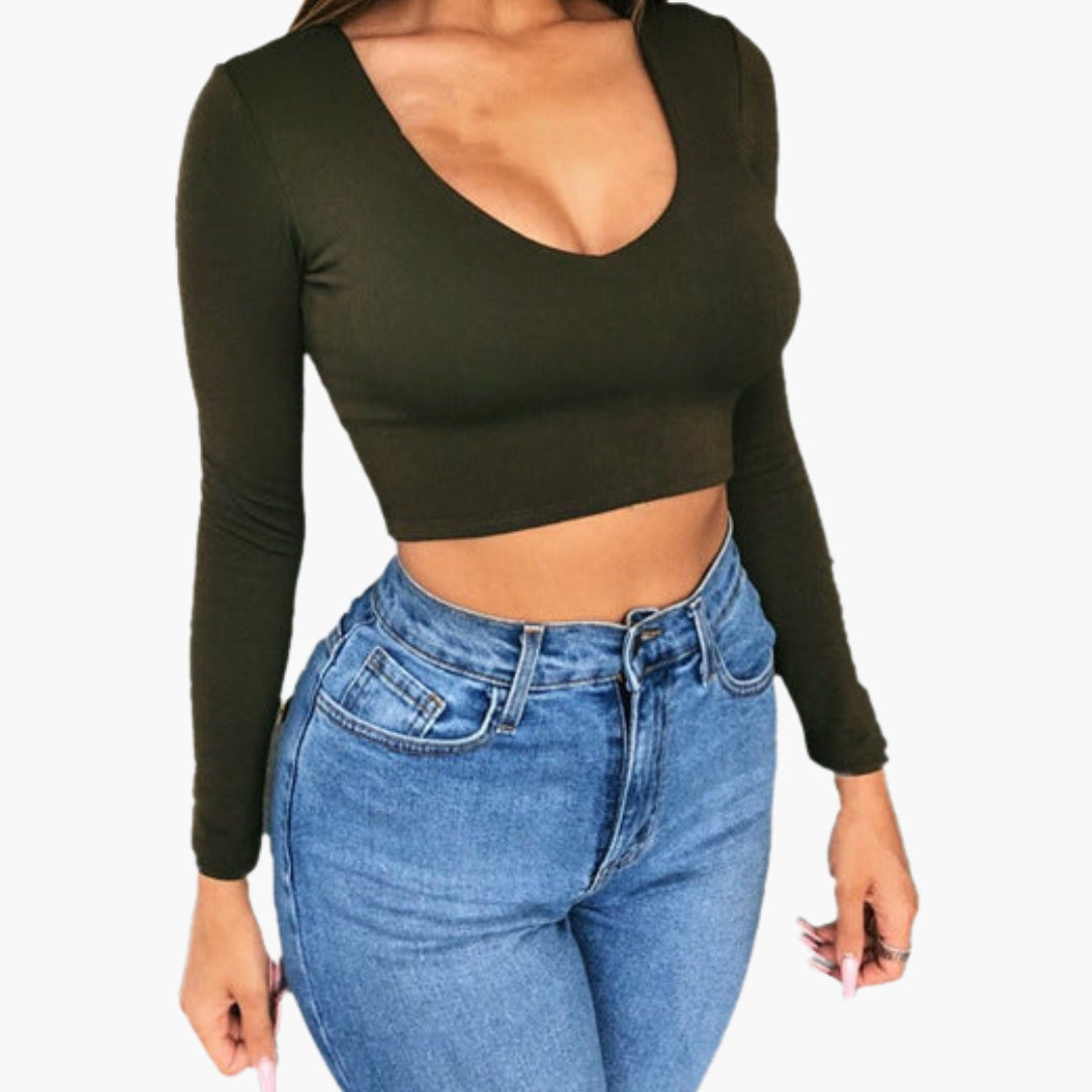 Women's Long Sleeve V Neck Crop
