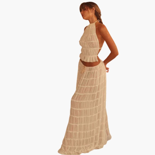 Women's Maxi Dress Adjustable Ruffle Trim - Fashinoza