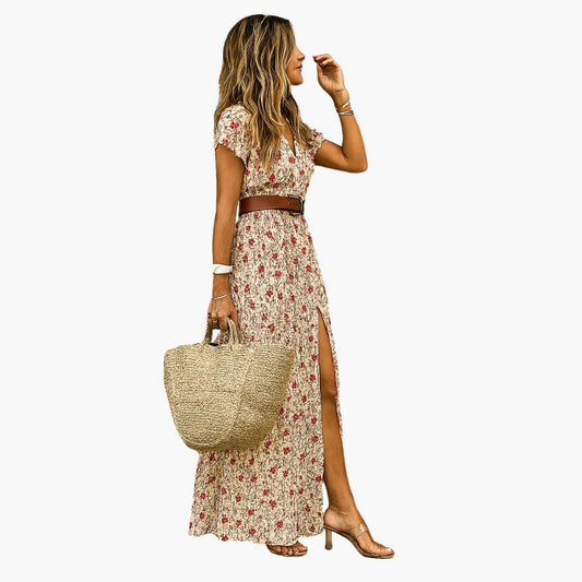 Women's Short Sleeve Maxi Dress Belted Gathered Waist - Fashinoza