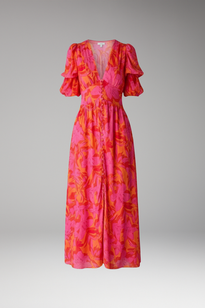 Women's V Neck Maxi Dress Puff Sleeves - 
Fashinoza