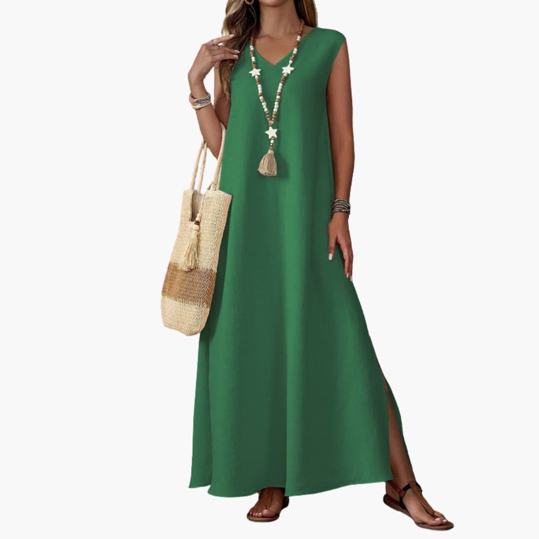 Women's V Neck Maxi Dress with Side Slit - Fashinoza