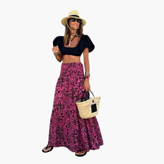 Women's Maxi Skirt Elastic Waist Floral Print - Fashinoza