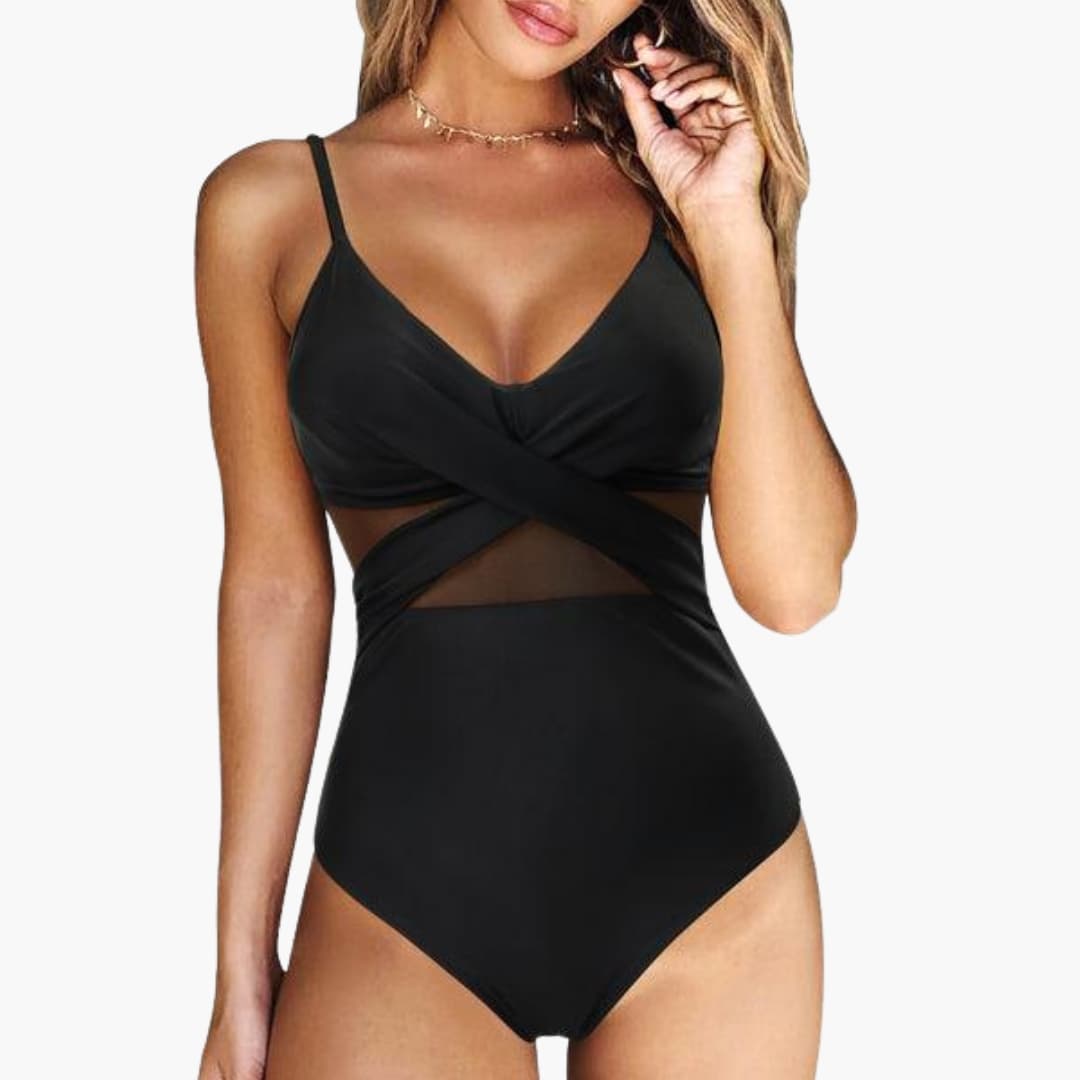 Women's One-Piece Swimsuit Mesh Insert Adjustable Strap Low Back - Fashinoza
