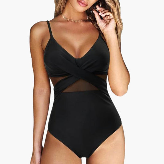 Women's One-Piece Swimsuit Mesh Insert Adjustable Strap Low Back - Fashinoza