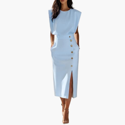 Women's Short Sleeve Midi Dress Round Neck Button Slit