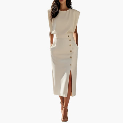 Women's Short Sleeve Midi Dress Round Neck Button Slit - Fashinoza