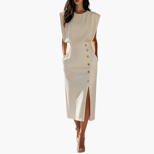 Women's Short Sleeve Midi Dress Round Neck Button Slit - Fashinoza