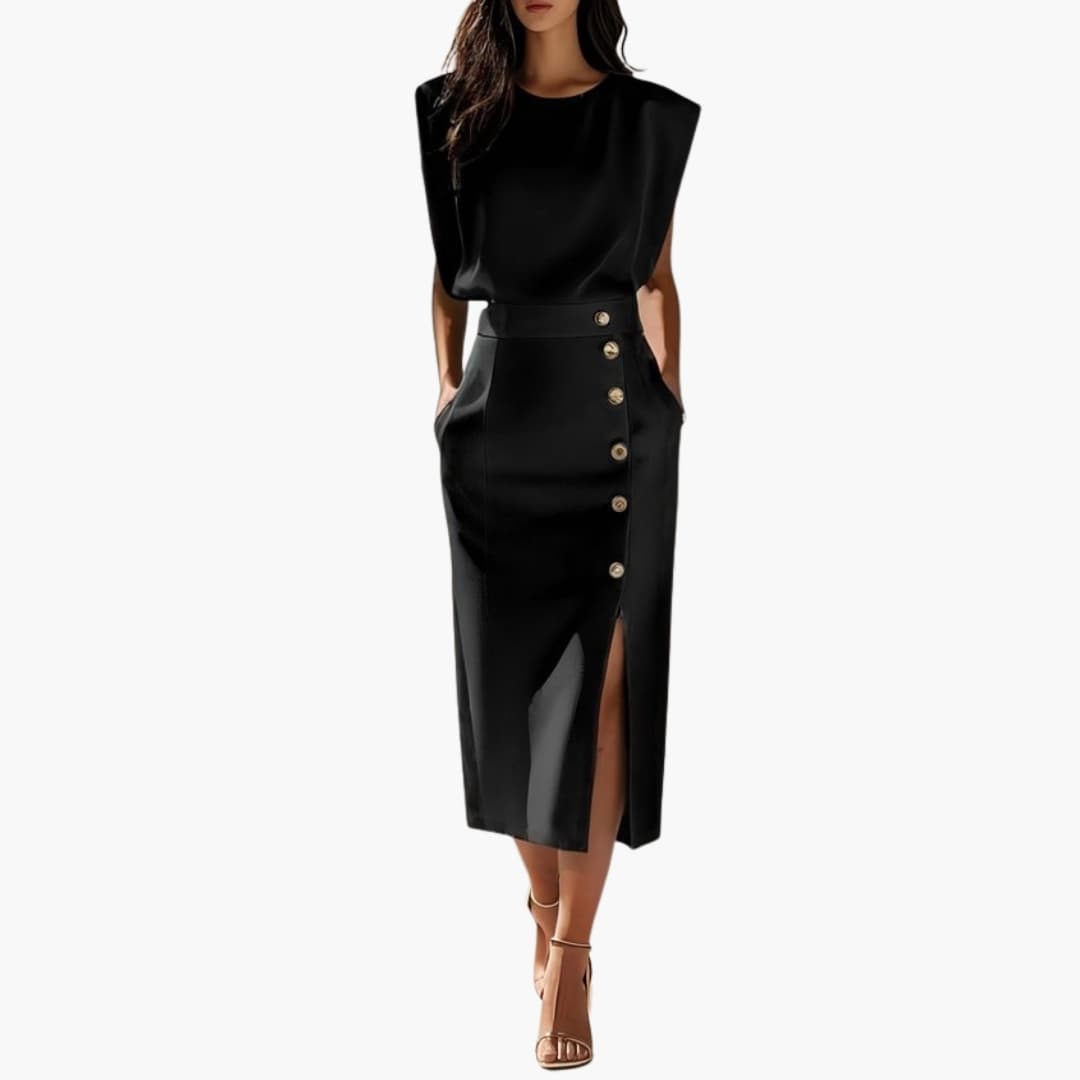 Women's Short Sleeve Midi Dress Round Neck Button Slit