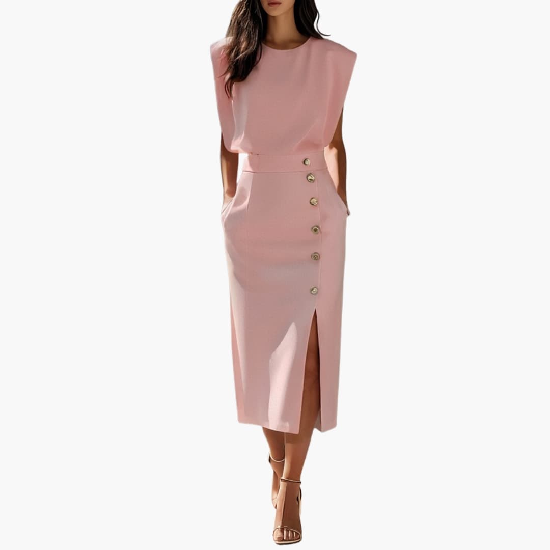 Women's Short Sleeve Midi Dress Round Neck Button Slit