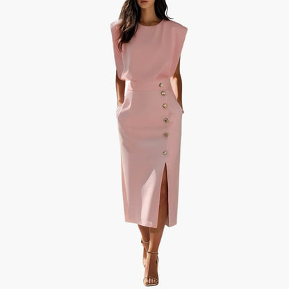 Women's Short Sleeve Midi Dress Round Neck Button Slit