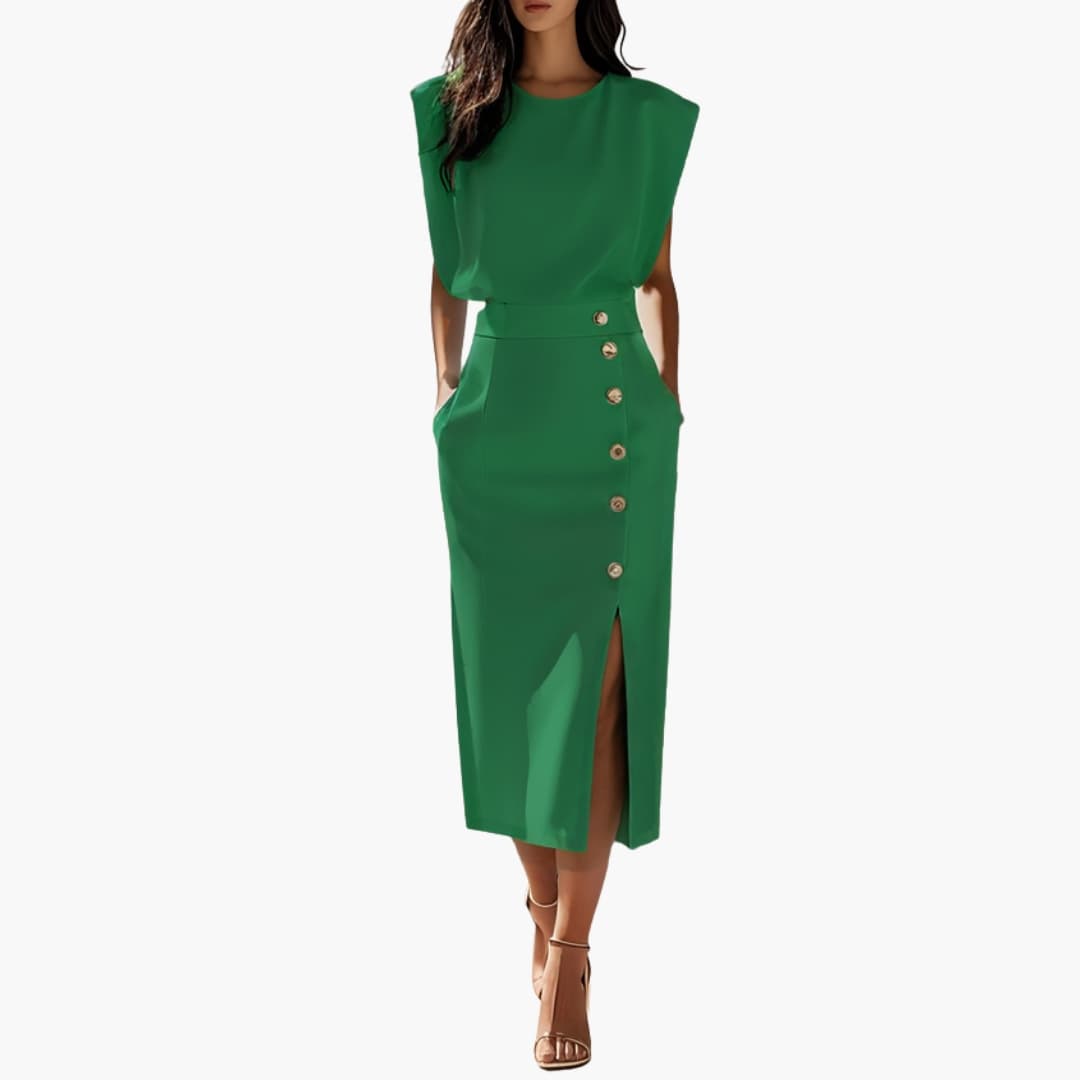 Women's Short Sleeve Midi Dress Round Neck Button Slit
