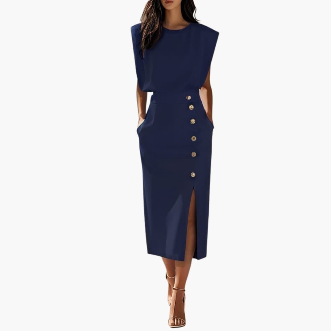 Women's Short Sleeve Midi Dress Round Neck Button Slit