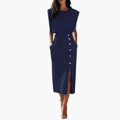 Women's Short Sleeve Midi Dress Round Neck Button Slit