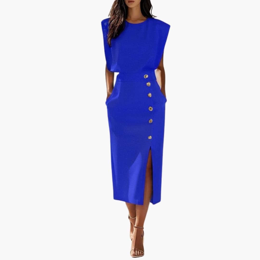 Women's Short Sleeve Midi Dress Round Neck Button Slit