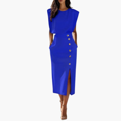 Women's Short Sleeve Midi Dress Round Neck Button Slit