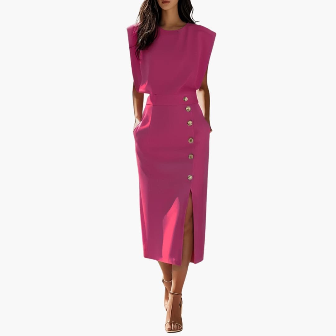 Women's Short Sleeve Midi Dress Round Neck Button Slit