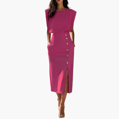 Women's Short Sleeve Midi Dress Round Neck Button Slit