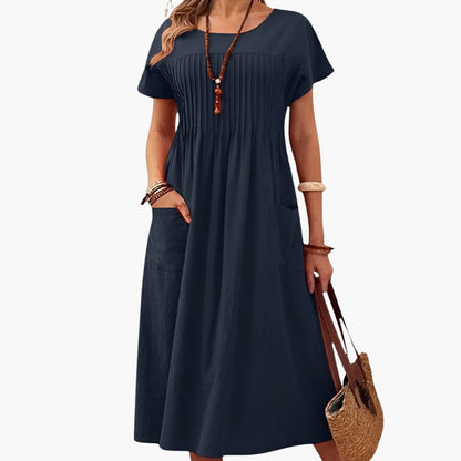 Women's Short Sleeve Midi Dress Loose Fit with Pockets - Fashinoza