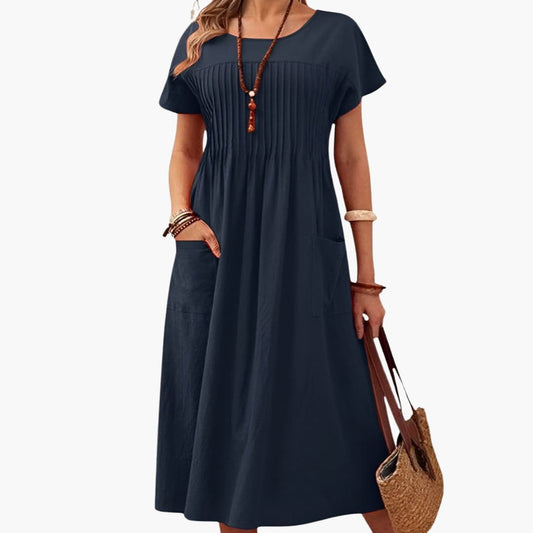 Women's Short Sleeve Midi Dress Loose Fit with Pockets - Fashinoza