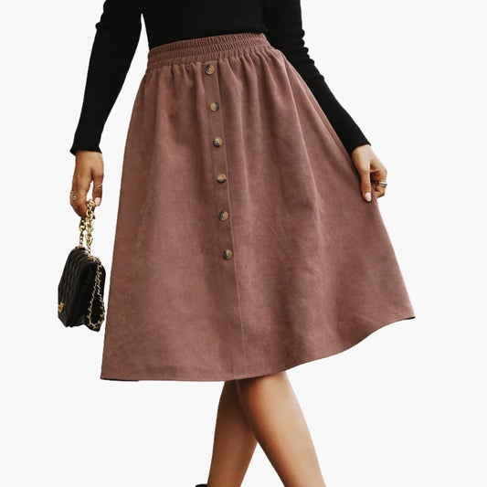 Women's Midi Skirt Elastic Waistband Button Front - Fashinoza