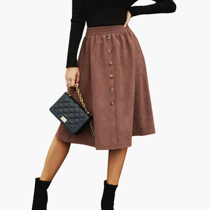 Women's Midi Skirt Elastic Waistband Button Front