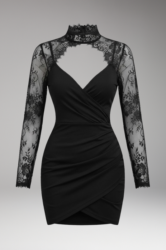 Women's Lace Trim Mini Dress High Collar - 
Fashinoza