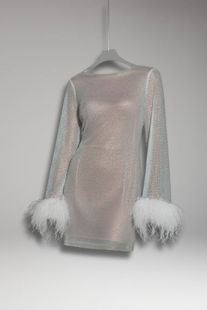 Women's Sequin Mini Dress Feather Cuffs - 
Fashinoza