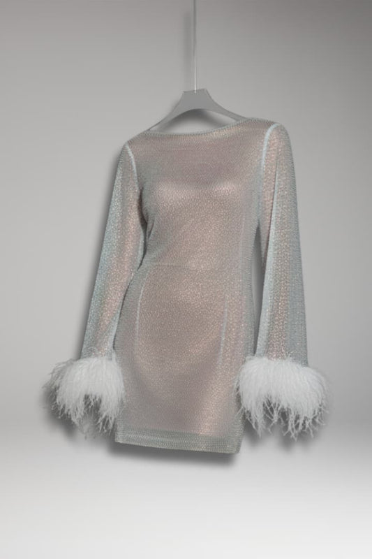 Women's Sequin Mini Dress Feather Cuffs - 
Fashinoza