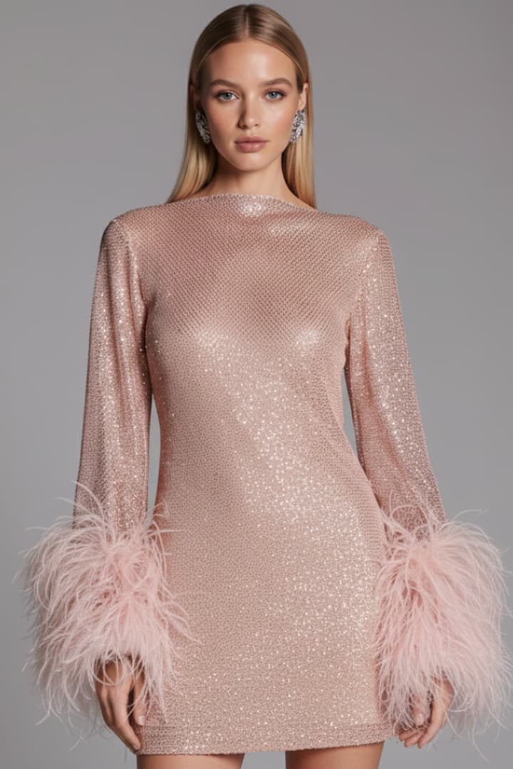 Women's Sequin Mini Dress Feather Cuffs