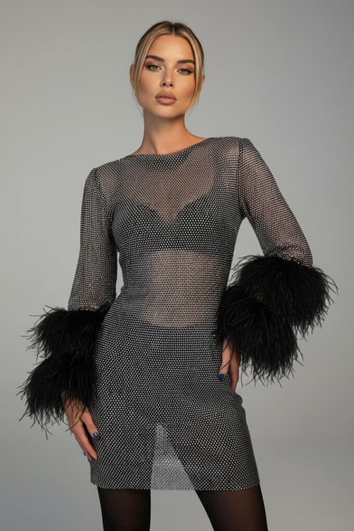 Women's Sequin Mini Dress Feather Cuffs