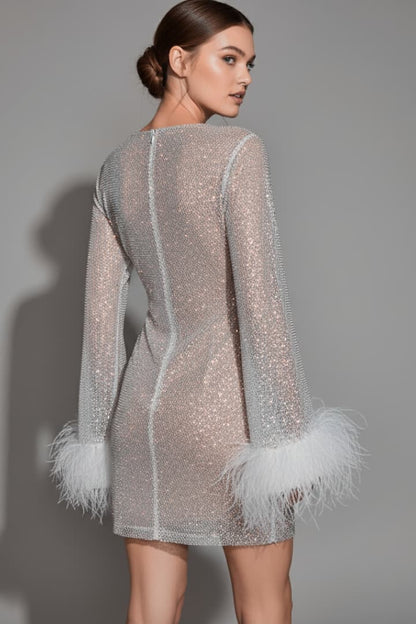 Women's Sequin Mini Dress Feather Cuffs
