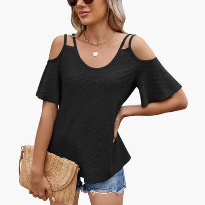 Women's V-Neck Short Sleeve Off Shoulder T-Shirt - Fashinoza