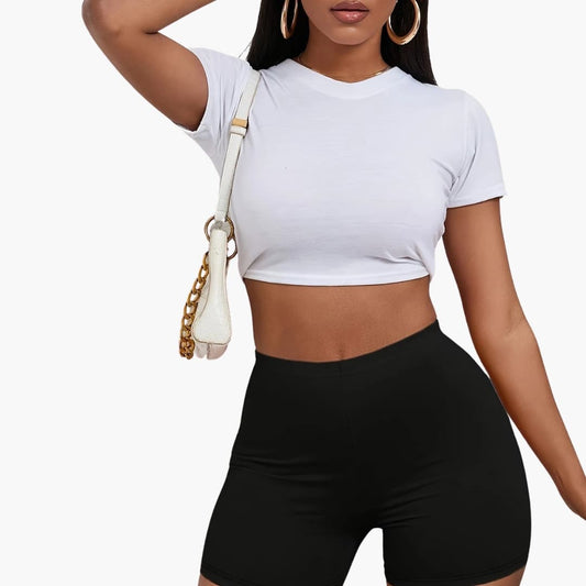 Women's Cropped Tee And Shorts Set - Fashinoza